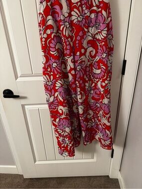 Trina Turk Red Floral Wide-Leg Trousers with Pink and Cream Print